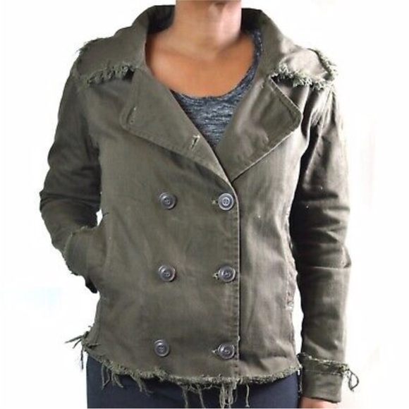 NSF Double Breasted Cotton Jacket Cotton Frayed Hem Sz Lg Olive Green Steampunk - Picture 1 of 10